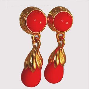 Vintage 90s FENDI Fresh Gold Plated Coral Glass Clipped Earrings Drop Teardrop